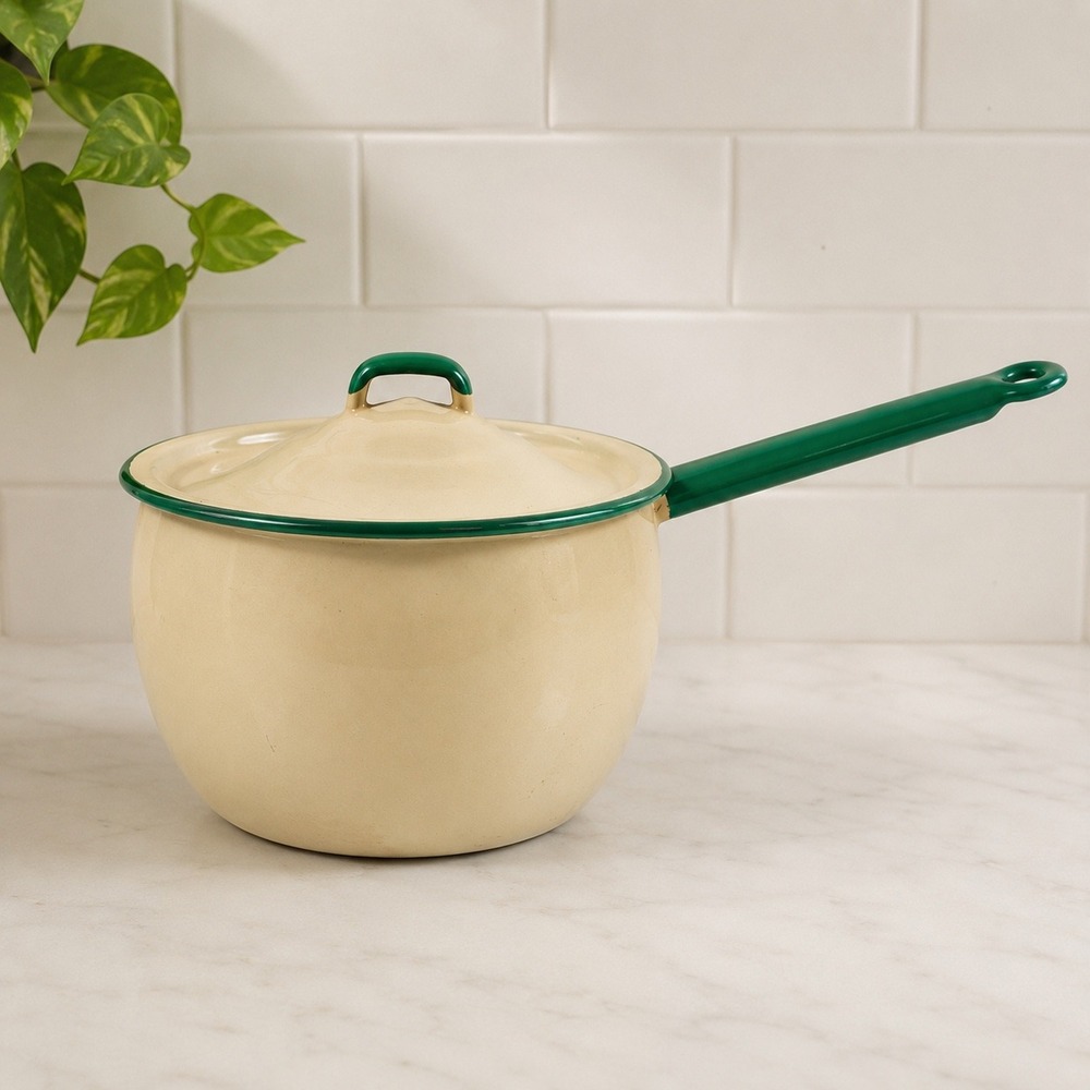 Vintage Cream Green Enamel Saucepan w Lid Farmhouse Cottage Kitchen